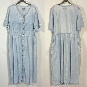 Vintage 80s 90s Light Blue Denim Maxi Shirt Dress Plus Size 1X Button Front